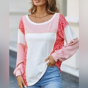 Women's Off-Shoulder Long Sleeve Color Block Top with Leopard Print Accents